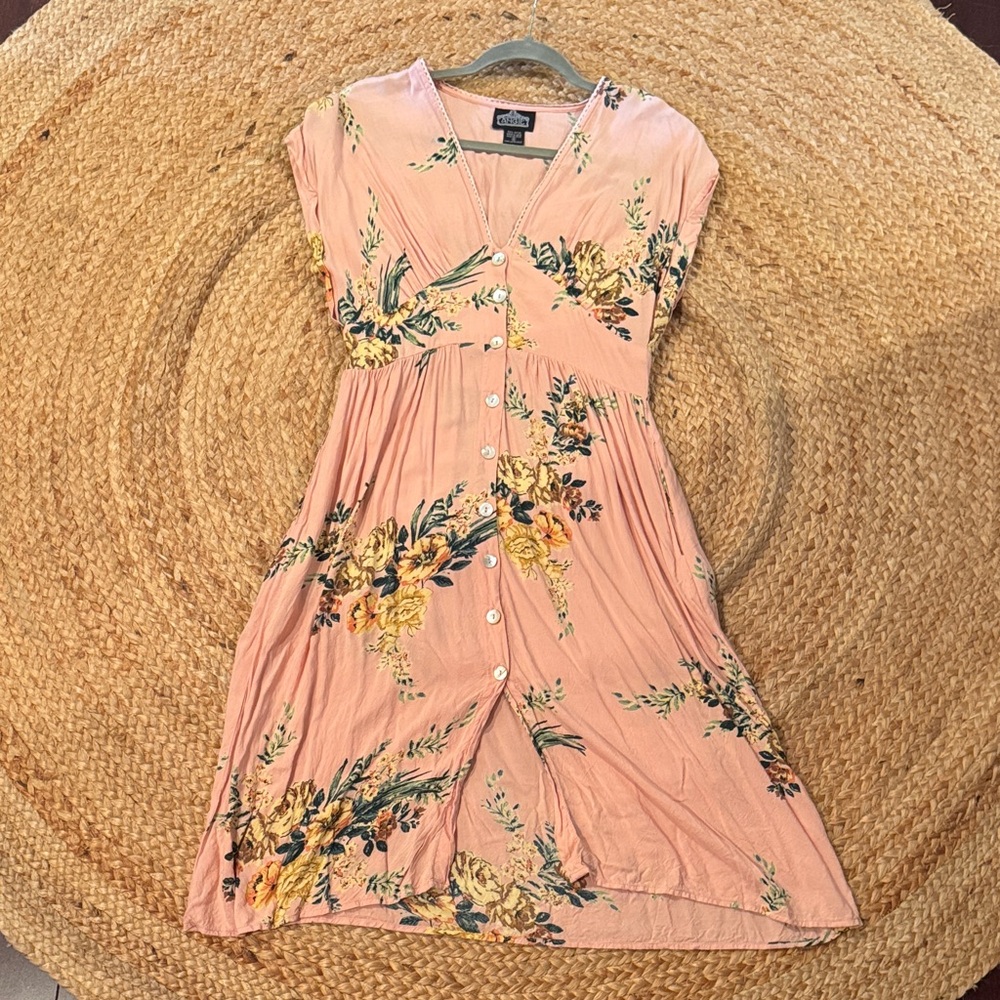 Angie Peach-Pink Floral Midi Dress with Button Front